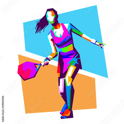 Vibrant vector illustration of a female padel tennis player in action during a match, created in detailed WPAP pop art style with colorful geometric shapes.