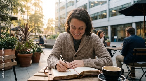 Smiling man writing in notebook at outdoor cafe terrace