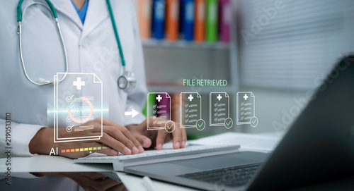 AI healthcare concept showing doctor scanning patient data with intelligent digital system for medical analysis health records processing and secure clinical decision support