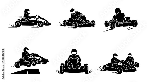 Black go kart racing silhouettes, sport icons, graphic design elements