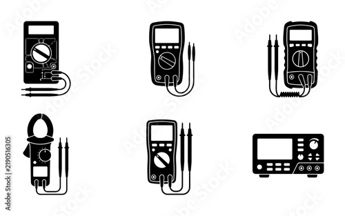 Black multimeter icons on white background, electrical testing tools