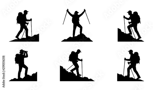 Black silhouette hikers on rocky peaks, graphic climbing and hiking