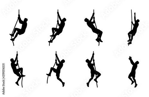 Black silhouette figures climbing pole, dynamic action poses, graphic