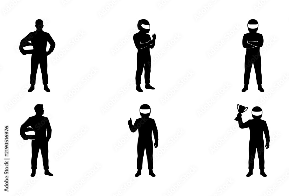 Obraz premium Black silhouette racing drivers in various poses, motorsport and