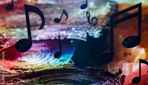 Vibrant abstract scene with musical notes and colorful lighting creating an energetic and lively atmosphere for music lovers and creative projects