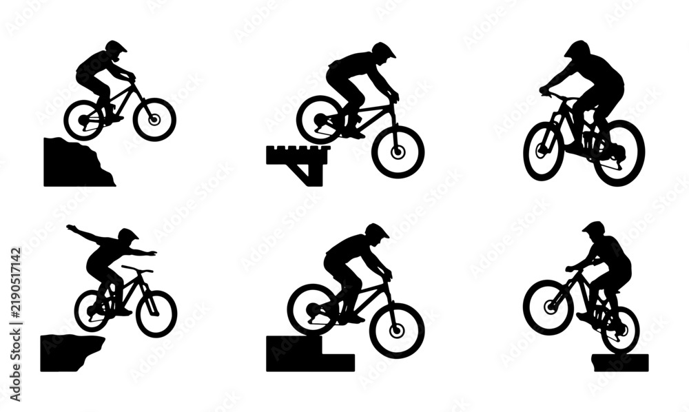 Obraz premium Black silhouette mountain bikers performing stunts, white background
