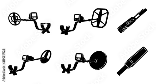 Black silhouette metal detectors set, flat design, isolated on white