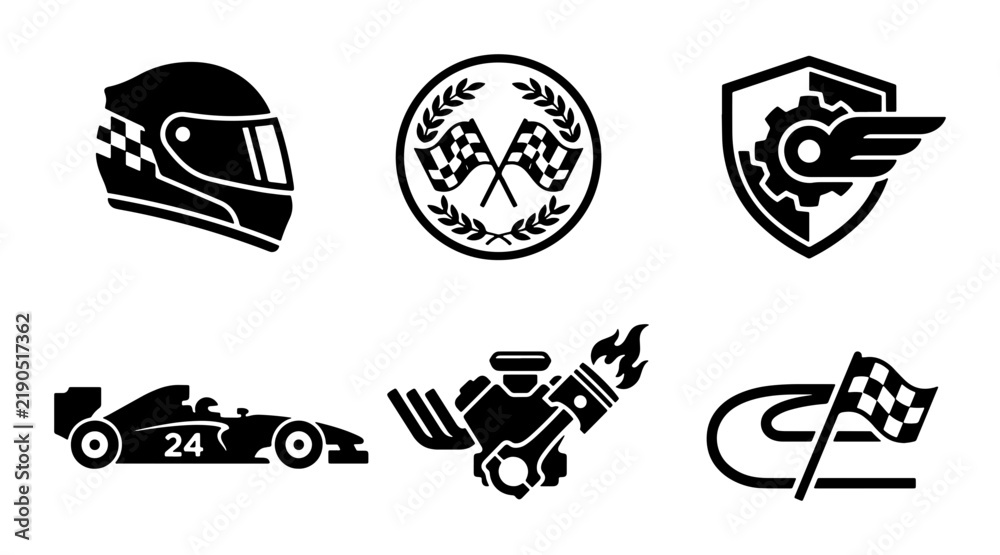Obraz premium Black and white racing icons, F1 car, helmet, engine, checkered flags