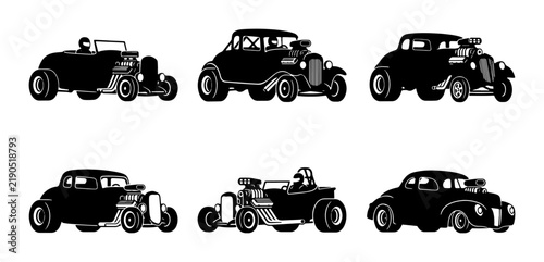 Bild auf Leinwand Black hot rod car silhouettes, custom vintage automobiles, banner