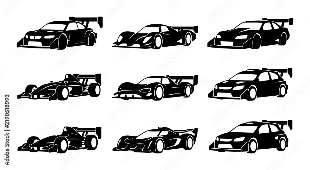 Obraz premium Black sports car silhouettes on white, racing automobile designs for