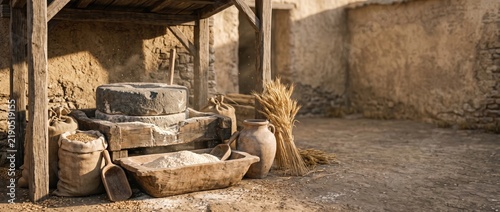 Foto Old stone millstones with wheat bundles in rustic courtyard