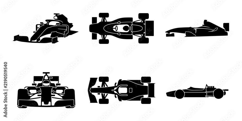 Fototapeta premium Black formula 1 car silhouettes, different views, graphic elements