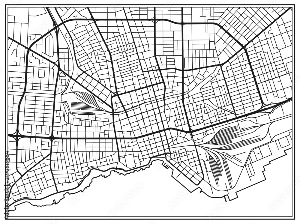 Naklejka premium Minimalist Black and White City Street Map Vector Illustration with Urban Grid and Waterfront