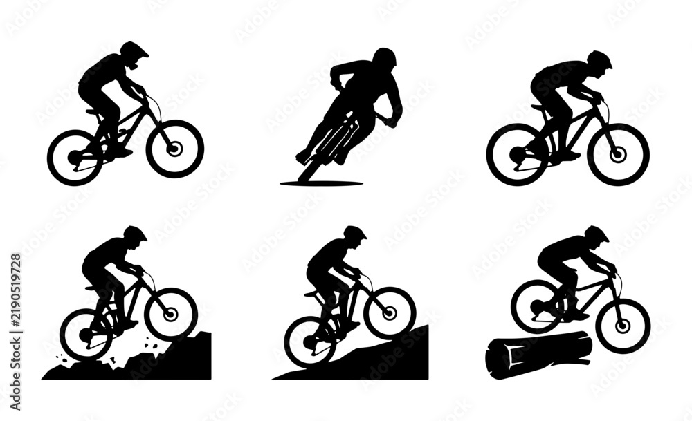 Obraz premium Black mountain bike silhouettes jumping and riding, graphic icons