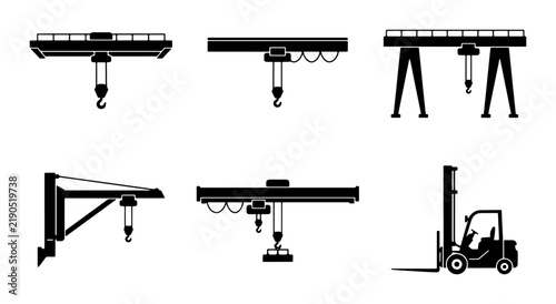 Black overhead and gantry cranes and forklift, graphic icons