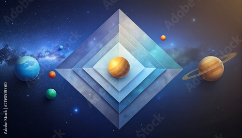 Discover a futuristic geometric scene featuring a multi layered structure with metallic elements colorful planets and a starry cosmic background for creative design projects