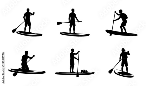Black paddleboarder silhouettes on white, sport and leisure activity