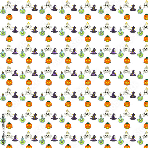 Seamless Halloween Pattern with Skulls Pumpkins Witch Hats and Magic Potion Bottles on White Background