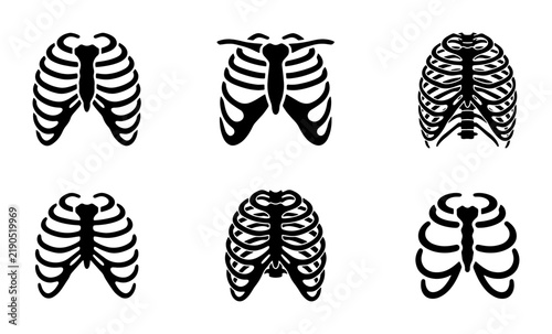 Black rib cage icons set, human anatomy symbols, medical graphic