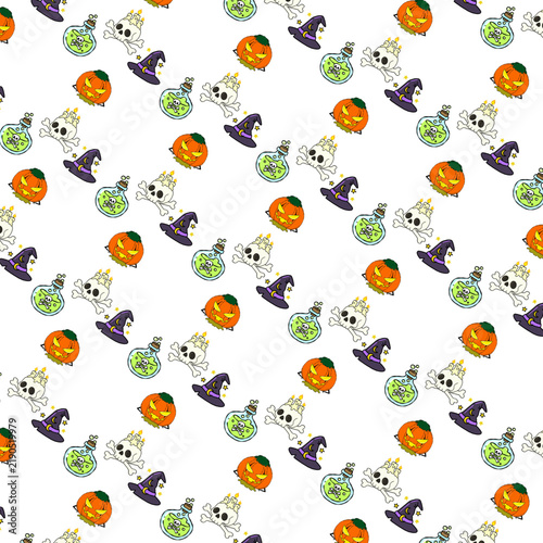 Seamless Halloween Pattern with Skulls Pumpkins Witch Hats and Magic Potion Bottles on White Background