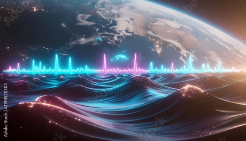 Futuristic city skyline at night with illuminated skyscrapers and vibrant light trails illuminating the landscape showcasing advanced urban development and innovative architectural design in a
