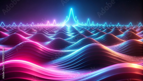 Vibrant waves of neon light illuminate a digital landscape with bright glowing peaks and valleys creating an energetic and futuristic scene reminiscent of digital art and technology themes