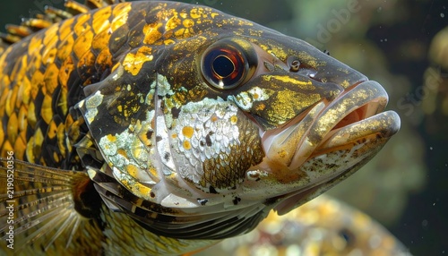 Tiger bichir fish portrait showing intricate scales and distinctive body texture