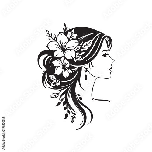 Elegant Woman Portrait Line Drawing with Floral Elements Vector Design