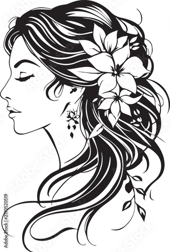 Minimalist Woman Face and Hair Flowers Line Art Vector Illustration