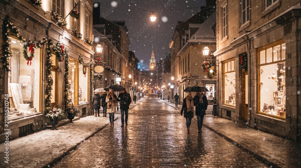 Fototapeta premium Snowy Christmas shopping street at night with glowing storefronts, festive decorations and people walking