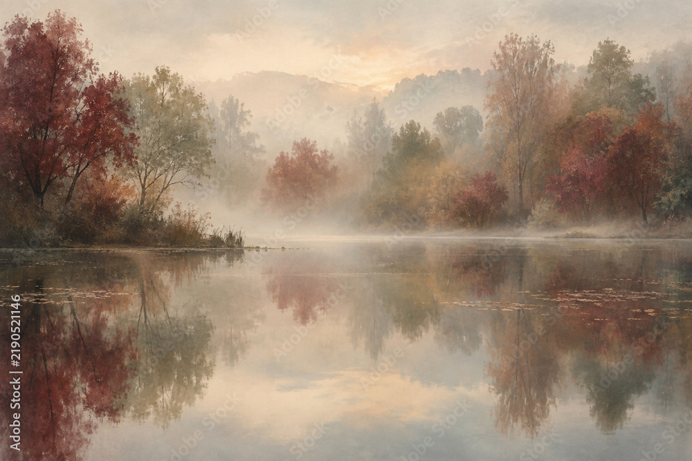 Obraz premium Muted autumn woodland reflected in a misty lake