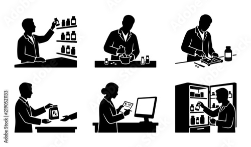 Black pharmacy icons, healthcare professionals working with medicine