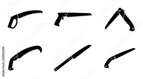Foto Black hand saws icons, tools for carpentry and woodworking, graphic
