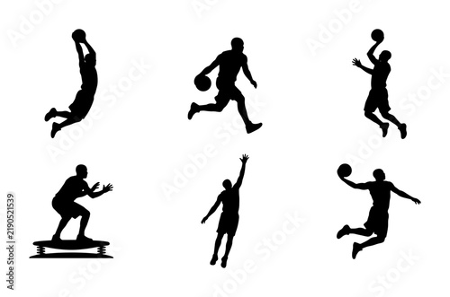 Fotografía Black basketball player silhouettes in action, jumping and dribbling