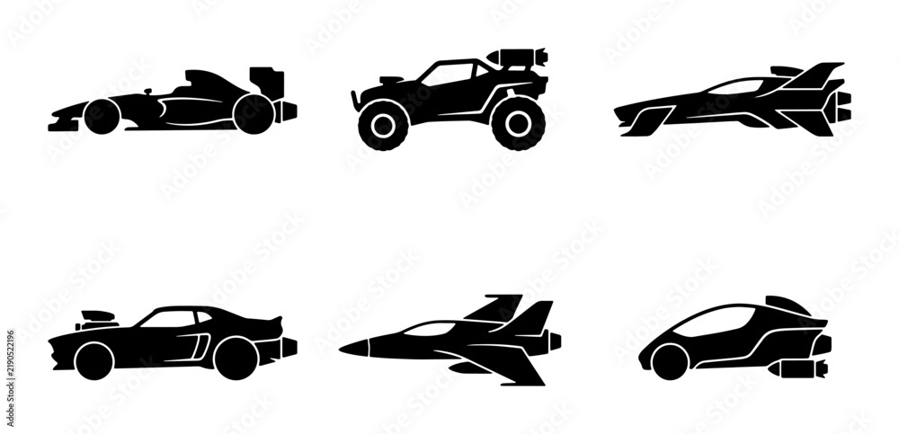 Obraz premium Black transport silhouettes, automotive and aircraft icons, graphic