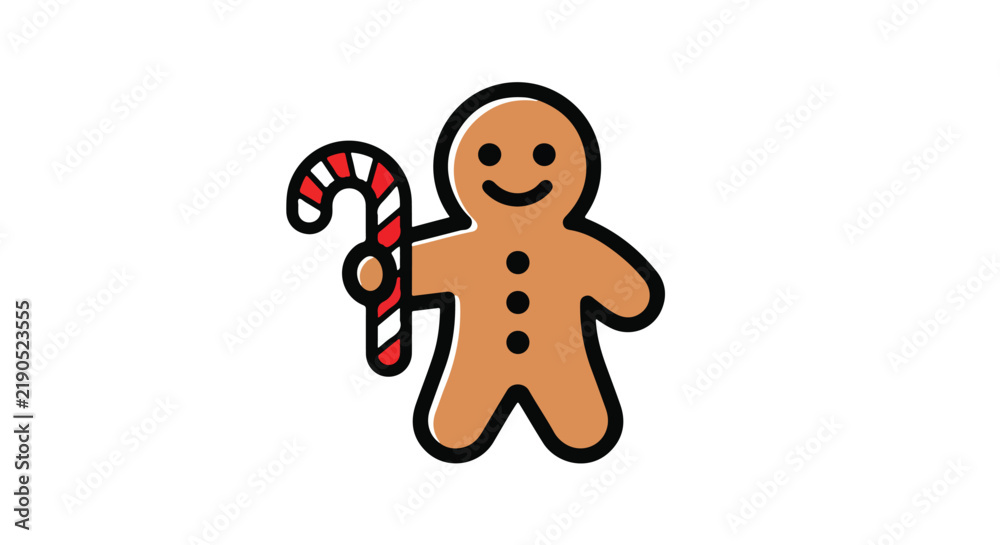 Obraz premium Cute gingerbread man holding a striped candy cane.