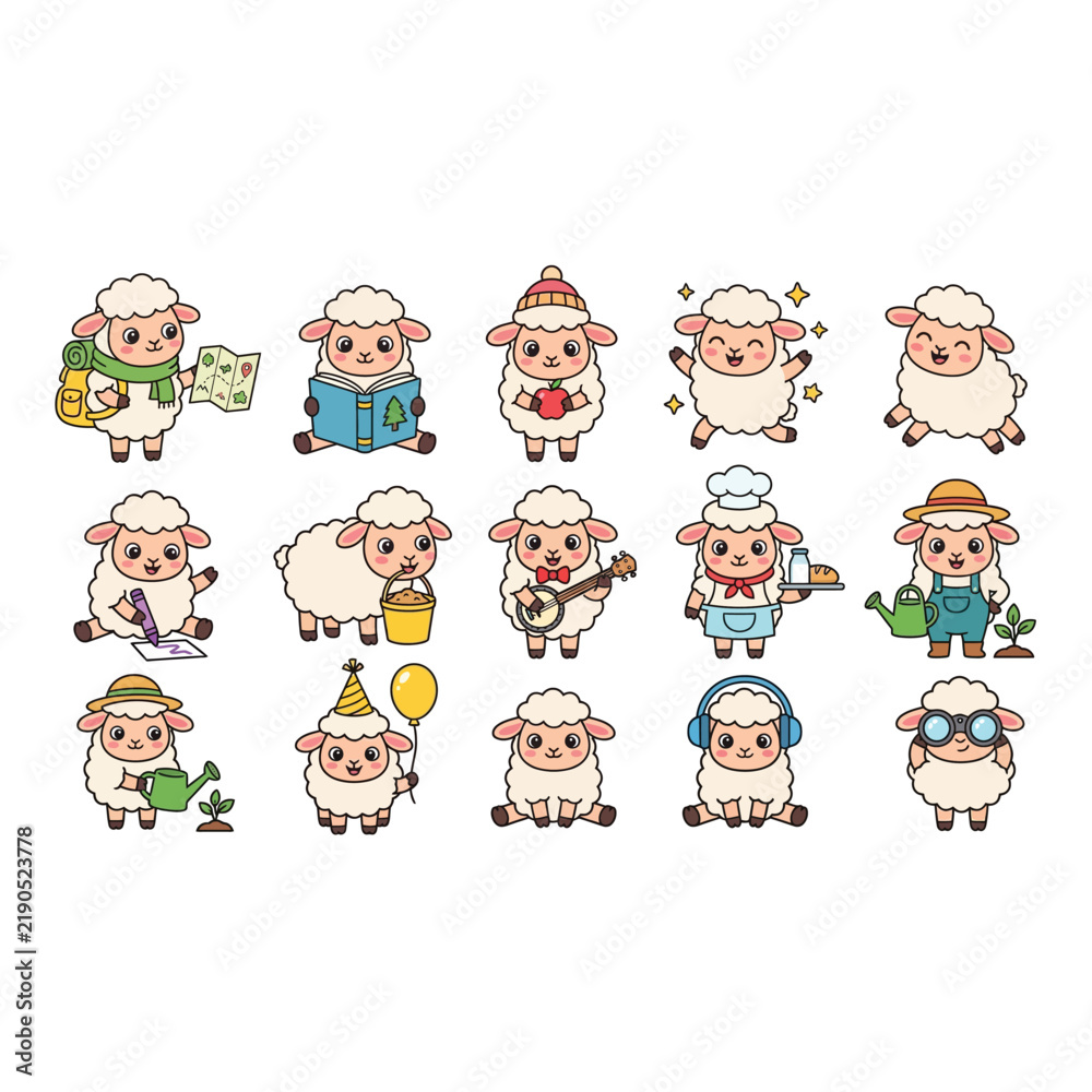 Fototapeta premium Colorful cartoon characters representing different professions and activities.