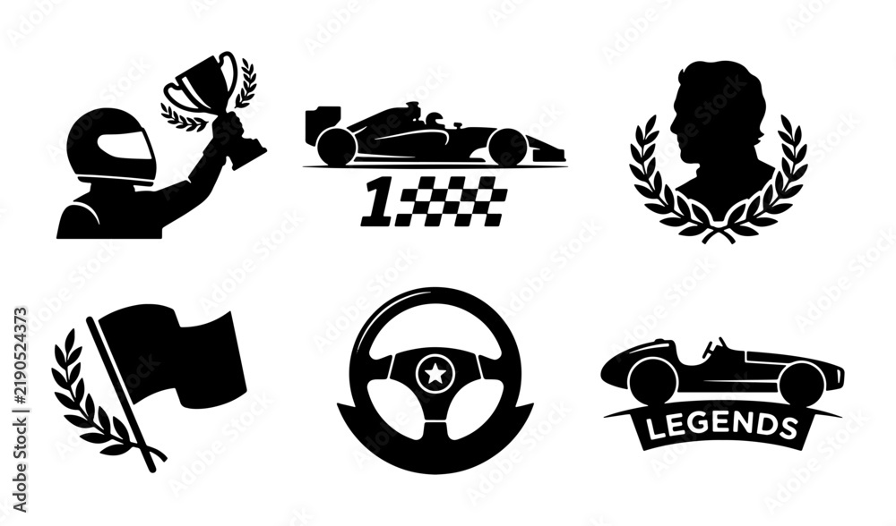 Obraz premium Black racing icons set, formula 1 car and driver trophy, steering
