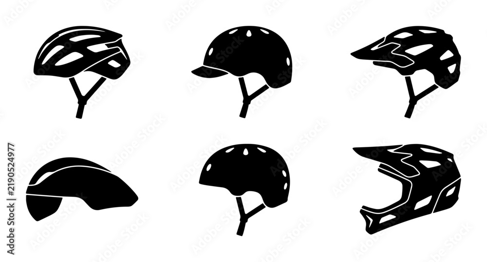 Obraz premium Black silhouette bicycle helmets collection, safety gear icons for
