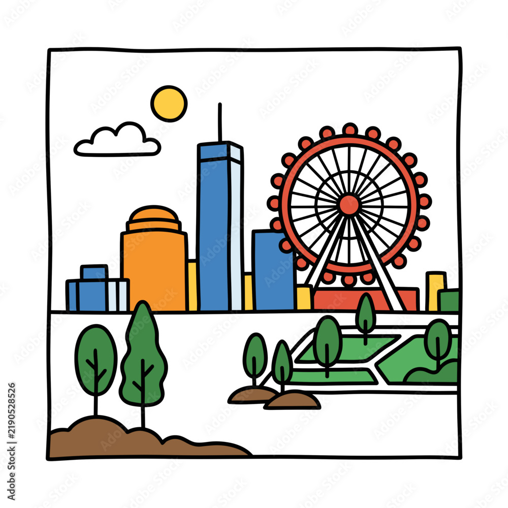 Obraz premium City skyline with skyscrapers and ferris wheel vector illustration
