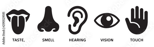 Fotografie Five human senses icons for taste smell hearing vision and touch with black silhouette style