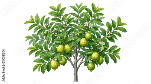 Botanical guava tree with green fruits and white flowers, tropical fruit plant illustration, lush guava foliage for gardening and agriculture isolated PNG with Transparent Background
