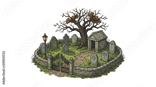Spooky graveyard illustration with ancient tombstones and dead tree. Haunted cemetery scene with stone wall and iron gate. Gothic burial ground art. isolated PNG with Transparent Background