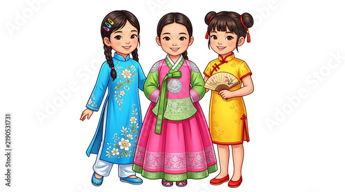 Asian girls in traditional dress, children wearing hanbok and qipao, diverse east asian kids in colorful cultural clothing isolated PNG with Transparent Background