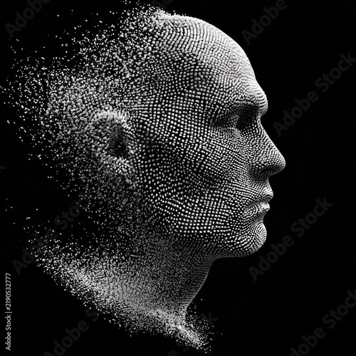 A black and white abstract digital artwork featuring the profile of a human head, rendered as a three dimensional grid of white dots