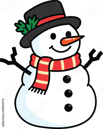 Foto Cute snowman with top hat and red scarf cartoon, Seasonal snowman for festive il