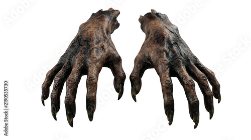 Pair of monstrous creature hands with sharp claws and dark textured skin isolated on transparent background