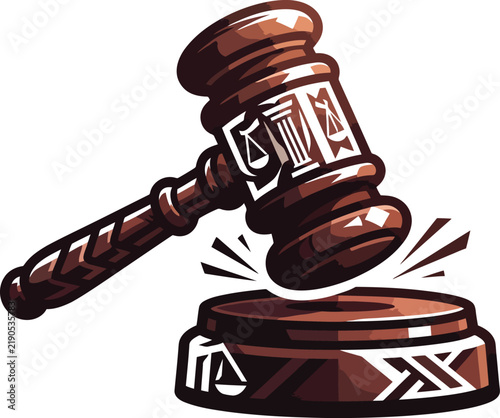 Detailed Wooden Judge Gavel with Scales of Justice Engraving for Legal Concept Vector