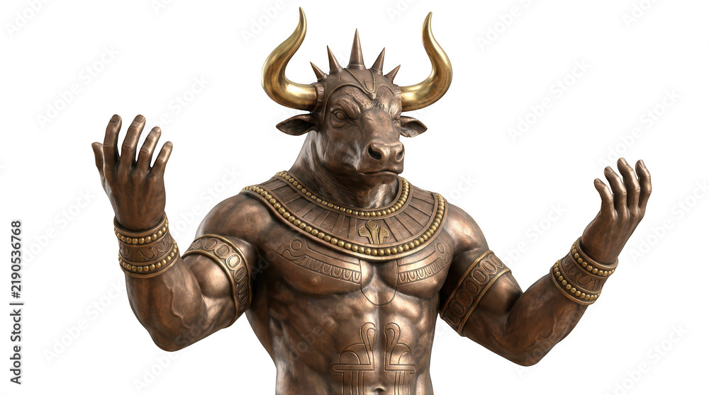 Fototapeta premium Bronze minotaur statue with golden horns isolated on transparent background