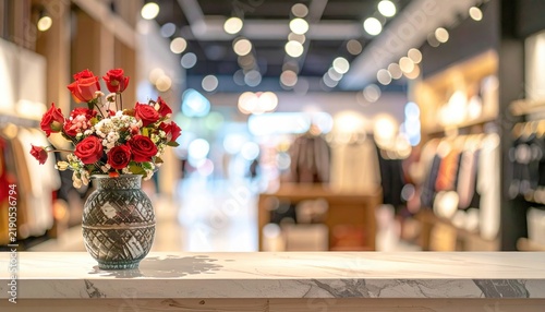 Sale discount promotion displayed on store countertop with softly blurred retail background